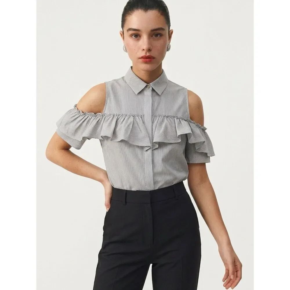 MICHAEL KORS | Pinstripe Cold Shoulder Ruffle Top Women’s Size Medium